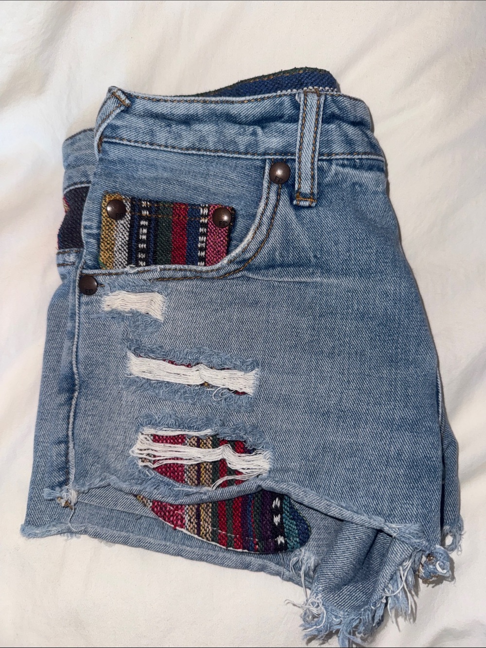 Free People Light Blue Distressed Denim Shorts with Multicolor Woven Insets